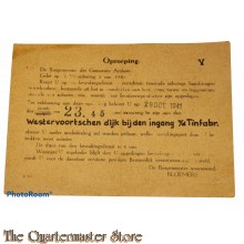 Briefkaart Oproeping tot Bewakingsdienst Arnhem 29 oct 1941 